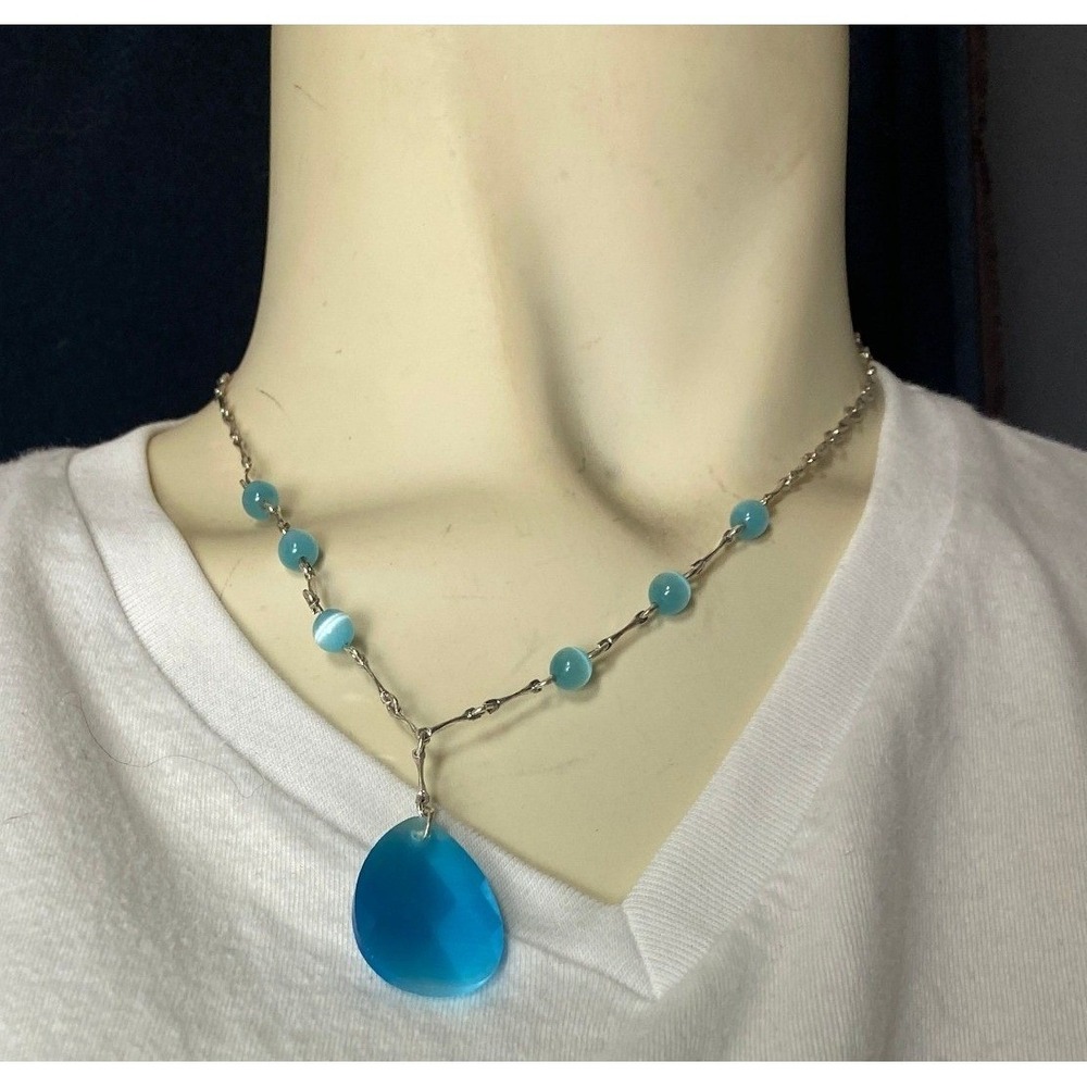 Turquoise Blue Teardrop Pendant Necklace Silver Tone Chain Beaded Womens Jewelry
